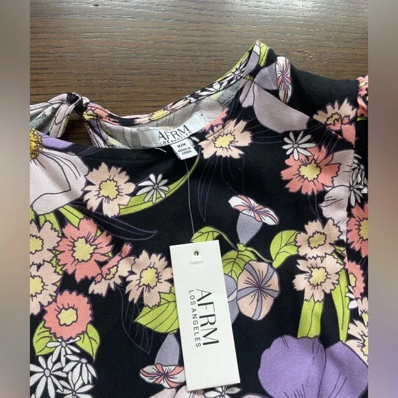 AFRM Floral Midi Dress Slit Puff Sleeves Open Back NWT - Picture 4 of 7